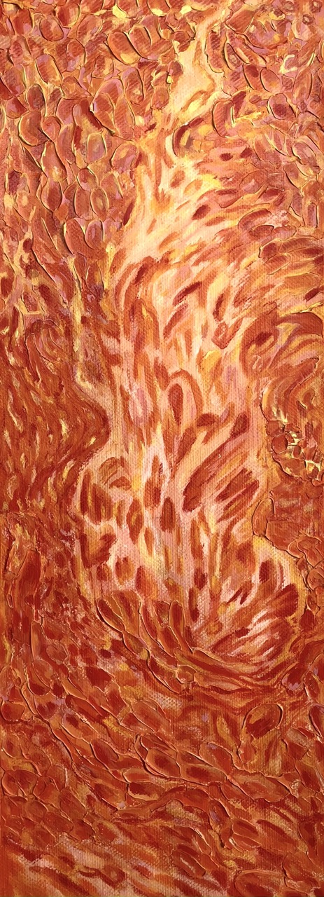 Joy - celebratory abstract painting by Lya Helia expressing vitality and expansion, 107x39cm mixed media